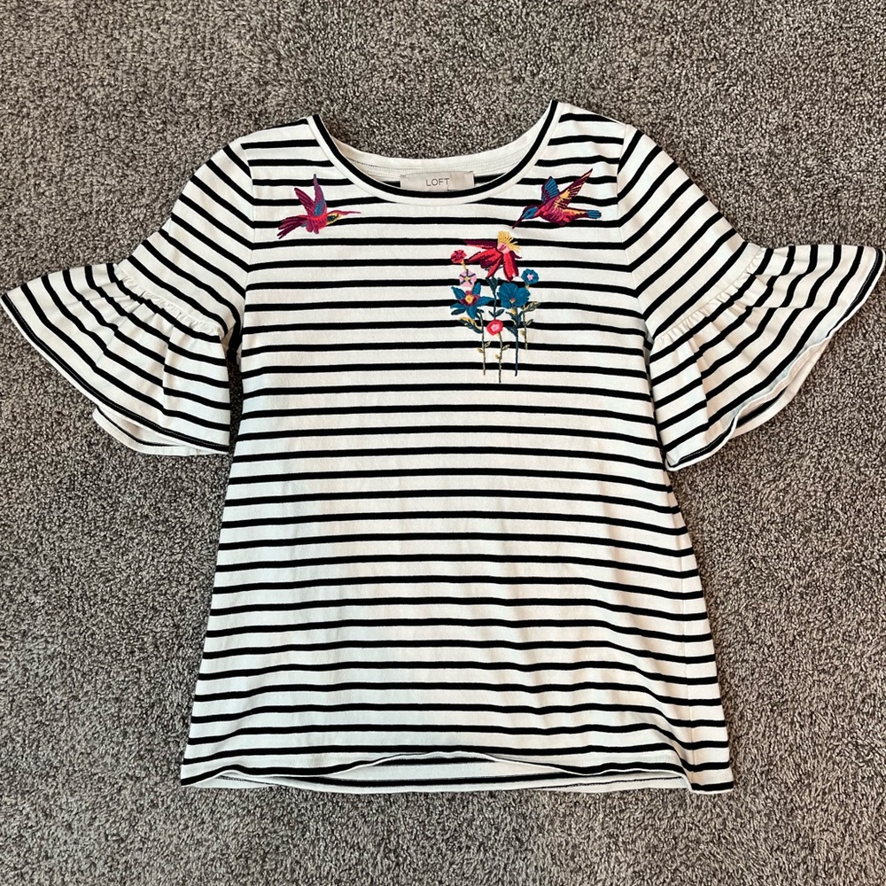 LOFT Black and White Striped Top with Embroidered Accents